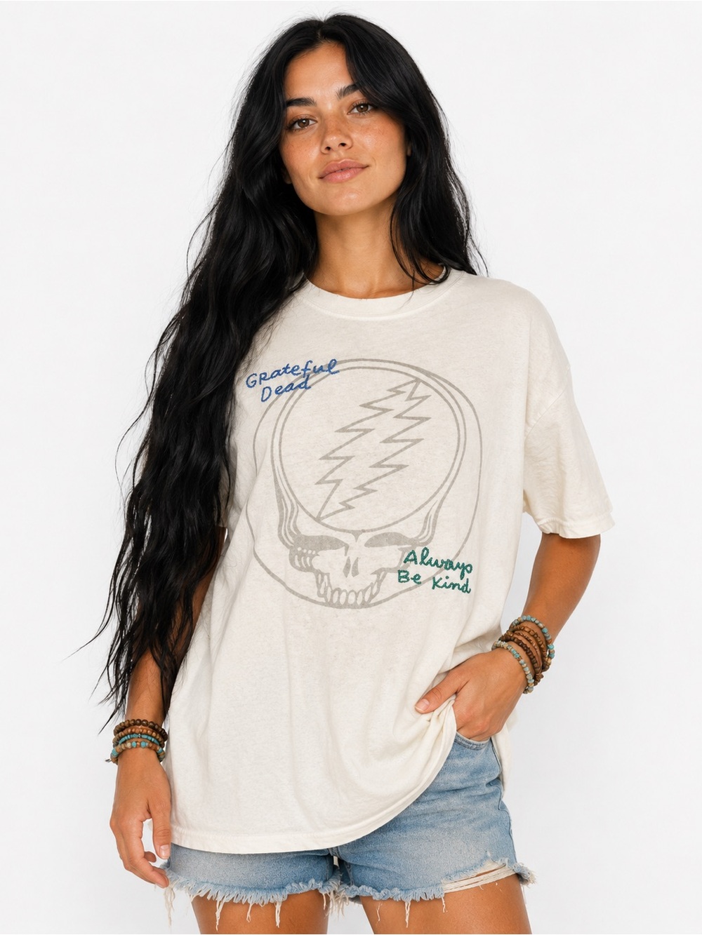 Grateful Dead Embroidered Always Be Kind Stealie Graphic Tee White Boho Hippie